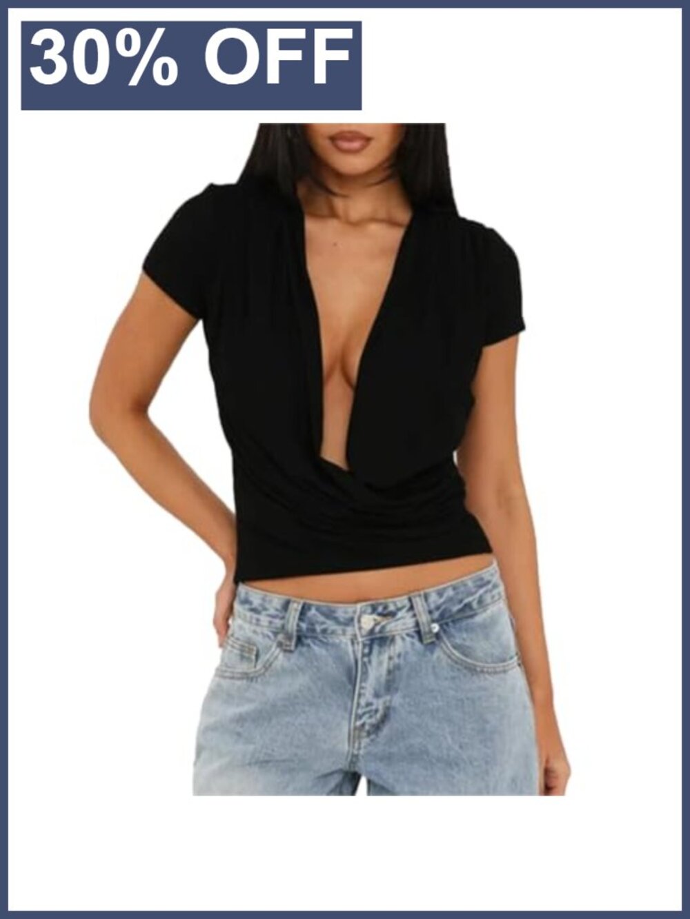 Women Y2K Deep V Neck Ruched Short Sleeve Plunge Wrap Crop Top
